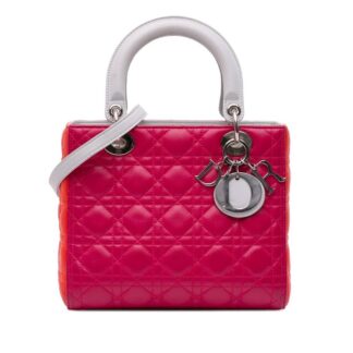Dior Women's Preloved Medium Tricolor Lambskin Cannage Lady Bag in Pink